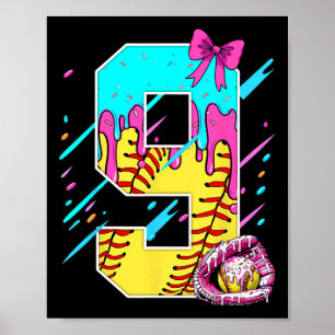 9th Birthday Softll Ice Cream Drip Bow 9 Years Kid Poster