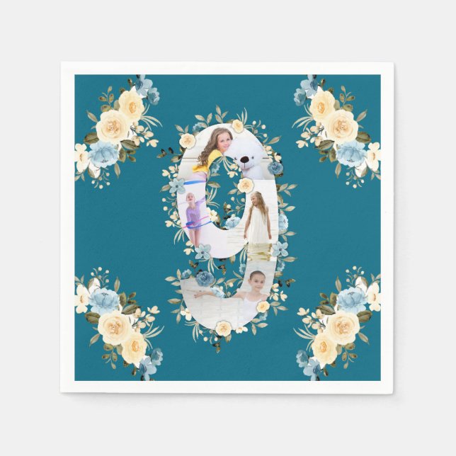 9th Birthday Teal Photo Collage Blue Yellow Flower Napkin (Front)