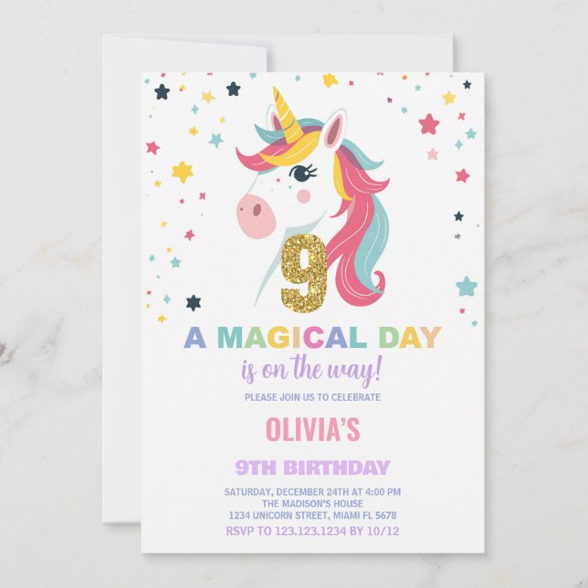 9th Birthday Unicorn Birthday Invitations (Front)