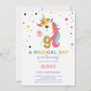 9th Birthday Unicorn Birthday Invitations