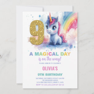 9th Birthday Unicorn Birthday Invitations
