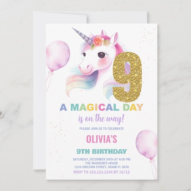 9th Birthday Unicorn Birthday Invitations (Front)