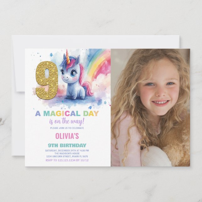 9th Birthday Unicorn Birthday Invitations photo (Front)