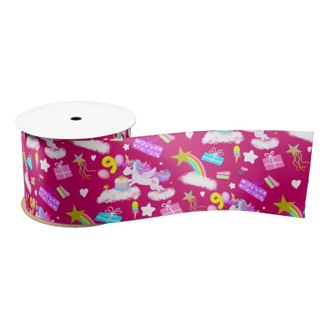 9th Birthday Unicorn Pattern Satin Ribbon (Spool)