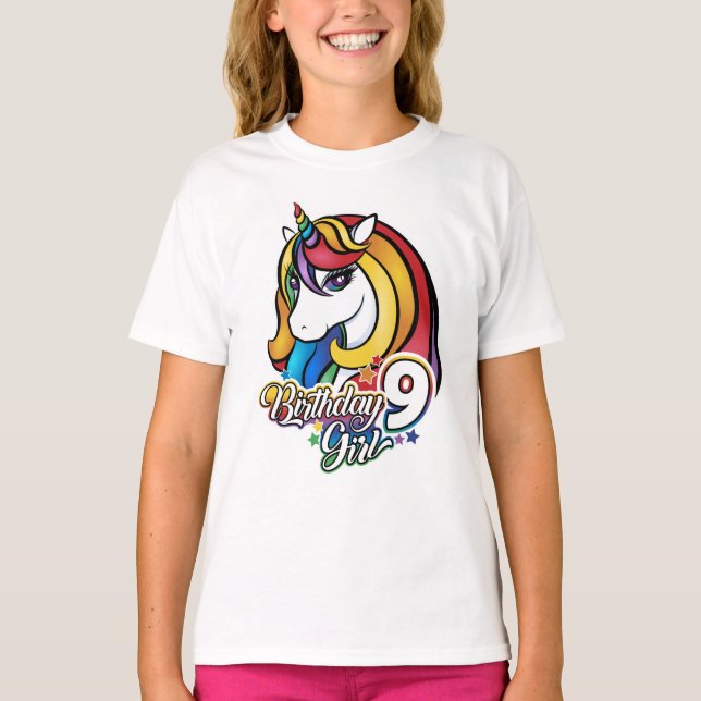 9th Birthday Unicorn T-shirt for girls. (Front)