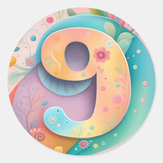 9th Birthday Whimsy Colourful Art Flowers Botanica Classic Round Sticker (Front)
