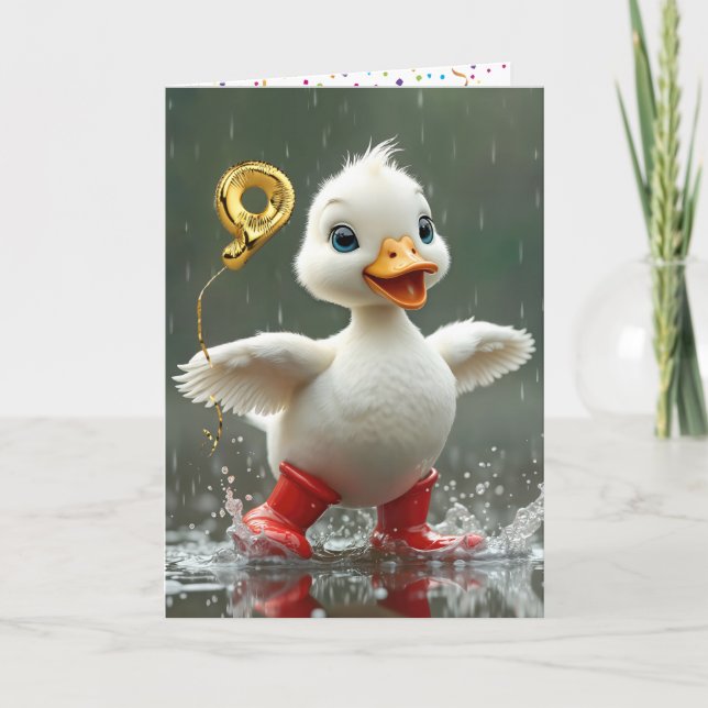 9th Birthday White Duckling In a Rain Puddle  Card (Front)