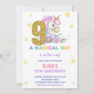 9th Floral Unicorn Birthday Invitations