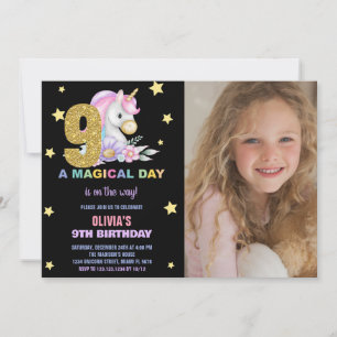 9th Floral Unicorn Birthday Invitations with photo
