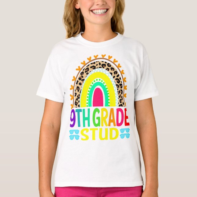 9th Grade Stud Rainbow Leopard Back To School  T-Shirt (Front)