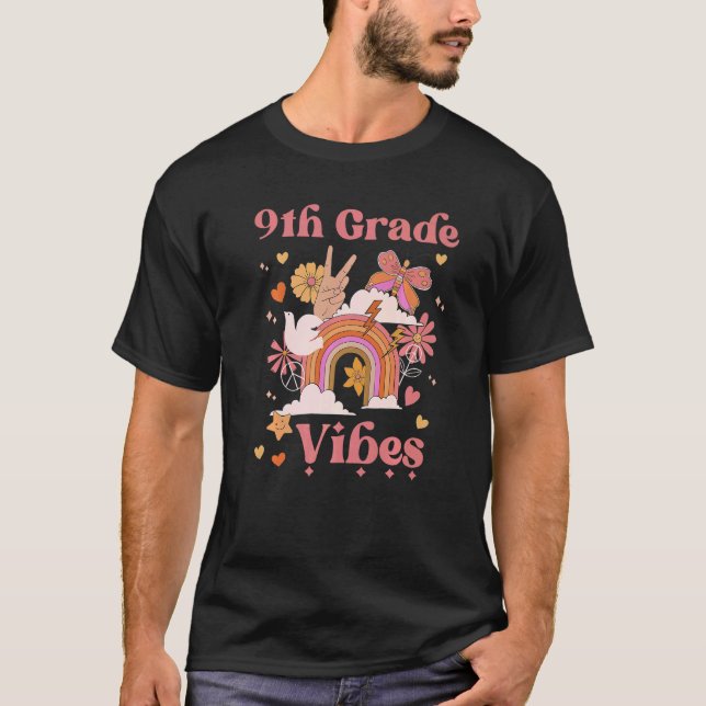 9th Grade Vibes School Groovy Retro Girl Boho Rain T-Shirt (Front)