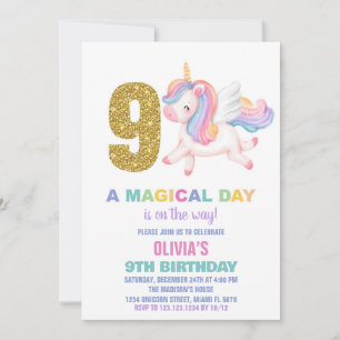 9th Rainbow Unicorn Birthday Invitations