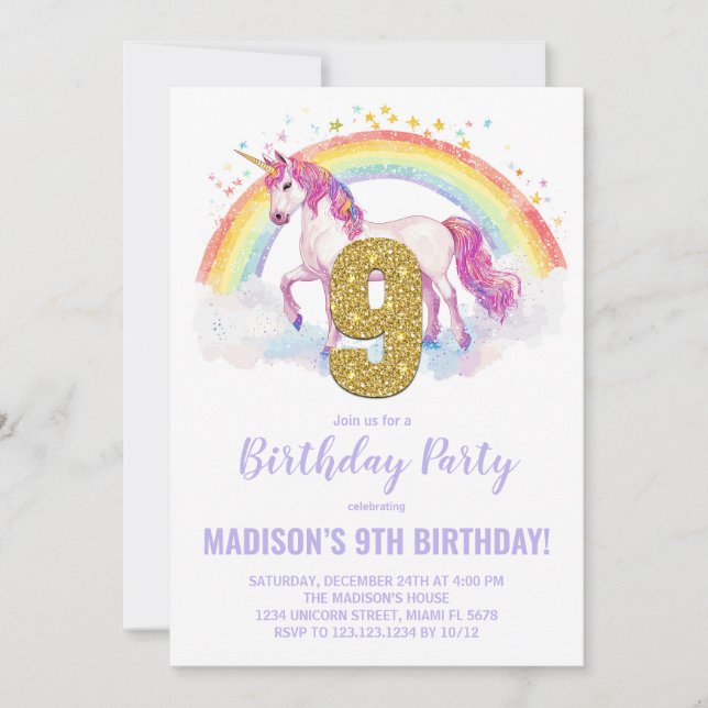 9th Rainbow Unicorn Birthday Invitations (Front)