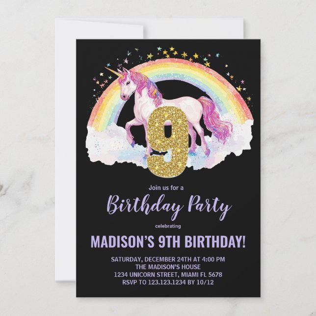 9th Rainbow Unicorn Birthday Invitations (Front)