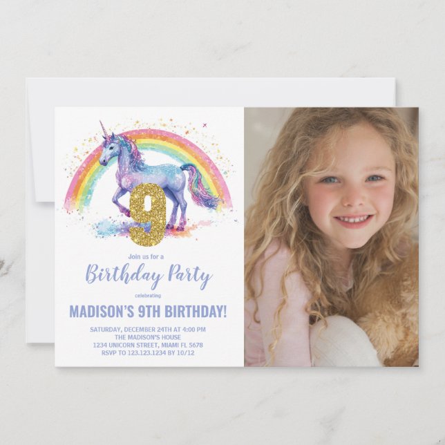 9th Rainbow Unicorn Birthday Invitations photo (Front)