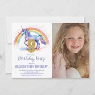 9th Rainbow Unicorn Birthday Invitations photo