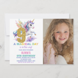 9th Rainbow Unicorn Birthday Invitations w photo