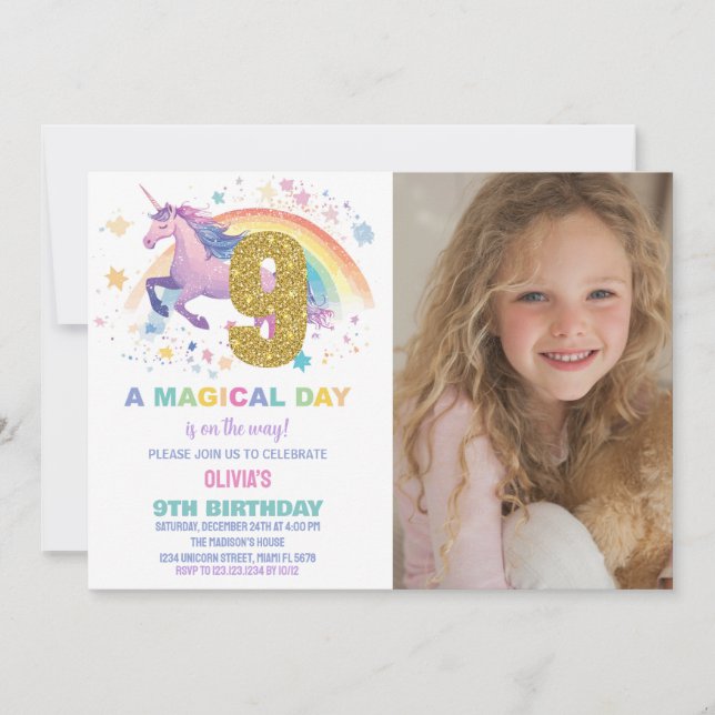 9th Unicorn Birthday Invitations with photo (Front)