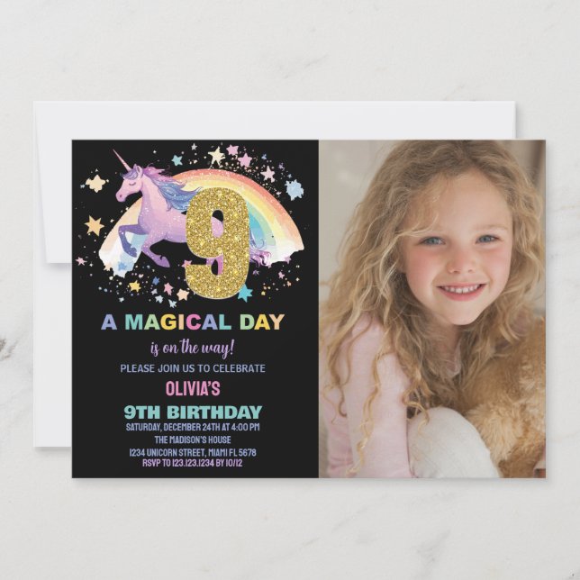 9th Unicorn Birthday Invitations with photo (Front)