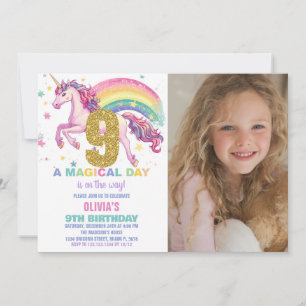 9th Unicorn Birthday Invitations with picture