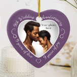 9th Wedding Anniversary Photo Ceramic Ornament<br><div class="desc">Celebrate a 9th happy year of marriage with a custom photo ornament in a delightful heart shape frame. Simply upload your own photo of the married couple and it will appear in the cutout. The soft purple surround features a white script font and decorations. The words are: 8th Wedding Anniversary...</div>
