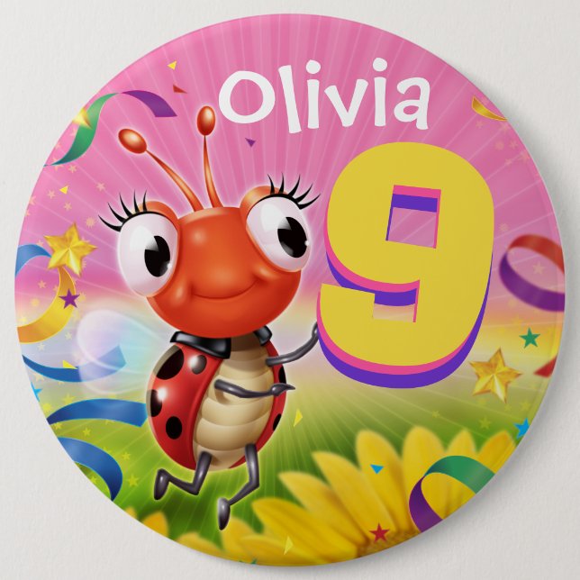9yrs Custom birthday badge Little Ladybug range 6 Inch Round Button (Front)