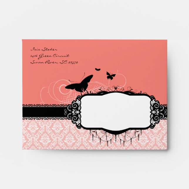 A2 Enveloppes en damas papillon rose corail (Devant)