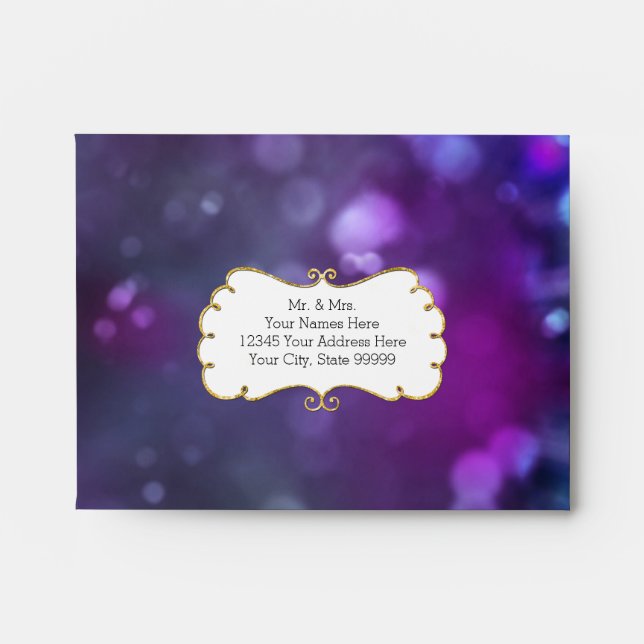 A2 RSVP Blue Purple Colour Bokeh Gold Glitter Star Envelopes (Front)