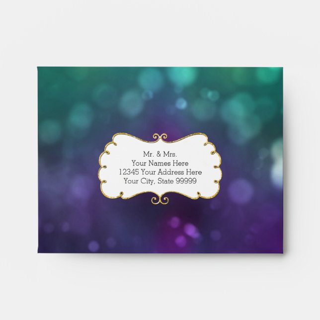 A2 RSVP Return Peacock Colour Bokeh Gold Glitter Envelope (Front)