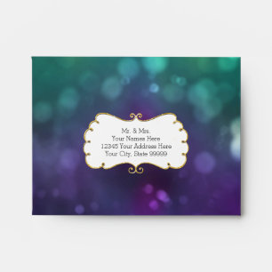 A2 RSVP Return Peacock Colour Bokeh Gold Glitter Envelope