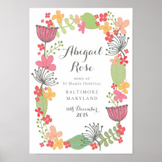 A3 New Baby Girl Birth Announcement Keepsake Poster