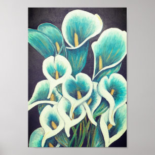 A4 Beautiful Teal Flowers acrylic Painting Print