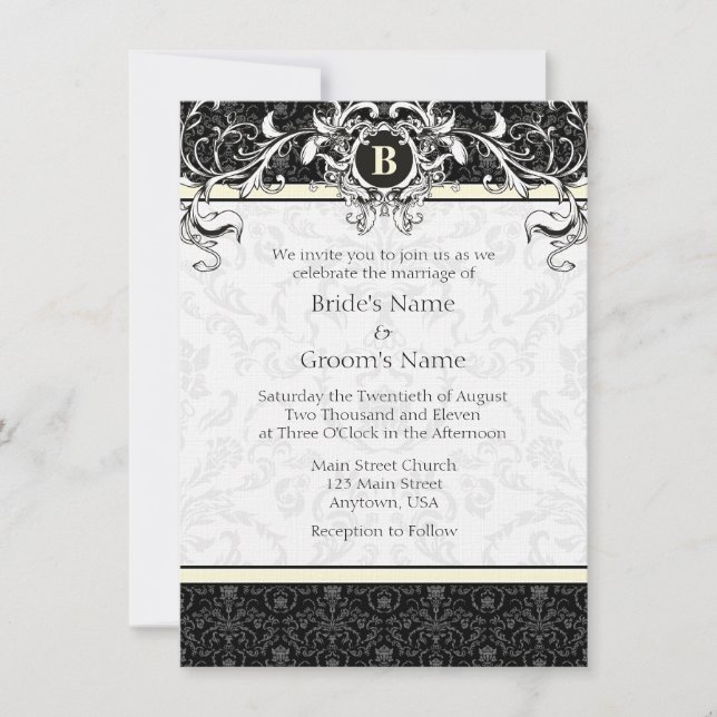 A6 Cream & Black Damask Monogram Wedding Invites (Front)