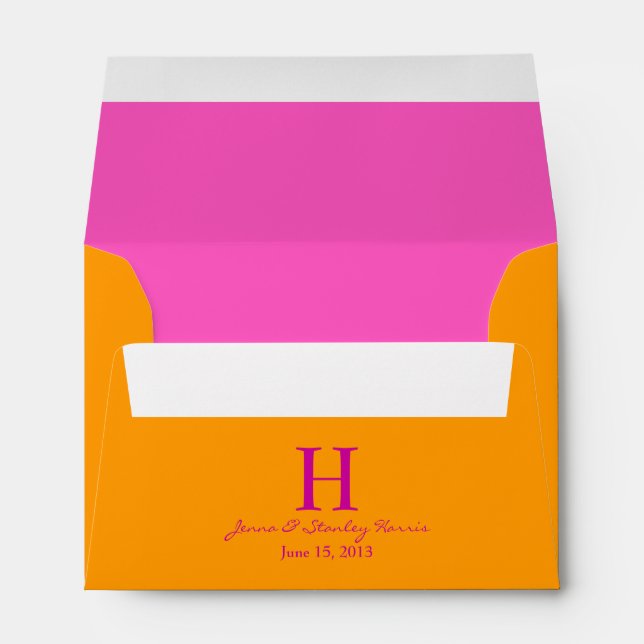 A6 Hot Pink & Orange Monogram Wedding Envelopes (Back (Bottom))