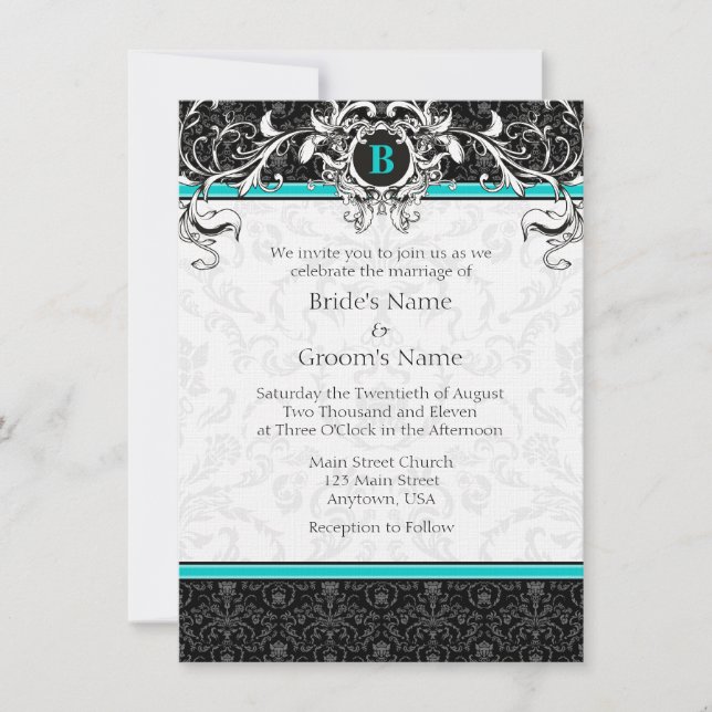 A6 Invitation au mariage d'un monogramme noir turq (Devant)