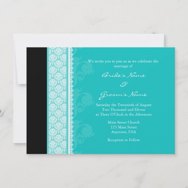 A6 Invitations Turquoise One Side Mariage damassé (Devant)
