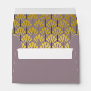 A6 Personalized Art Deco Fans Mauve Gold Foil Envelope