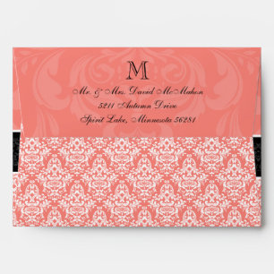 A7 Coral Black Damask Monogram Wedding Envelopes