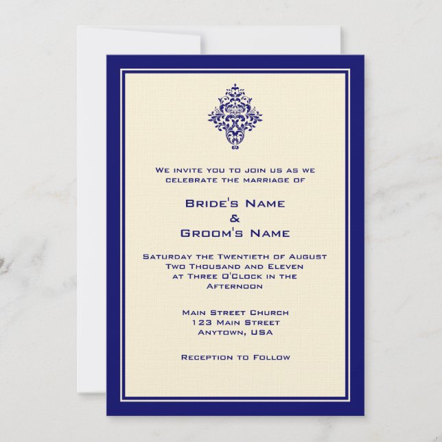 A7 Cream & Royal Blue Simple Wedding Invitations (Front)