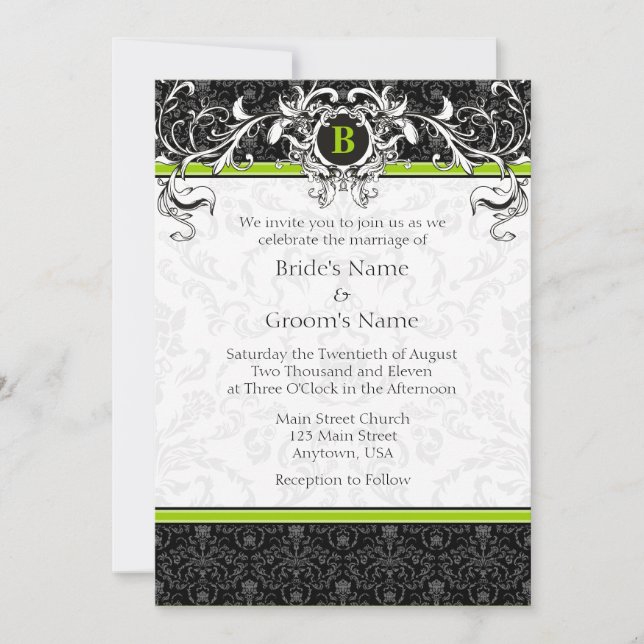 A7 Lime Green Black Damask Monogram Wedding Invite (Front)