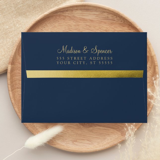 A7 Navy Gold Foil Return Address Wedding Mailing Envelope (Navy Blue and Gold Wedding Envelope)