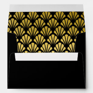 A7 Personalized Art Deco Fans Black Gold Foil Envelope