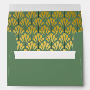 A7 Personalized Art Deco Fans Green Faux Gold Foil Envelope