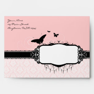 A7 Pink Butterfly Damask Return Address Envelopes