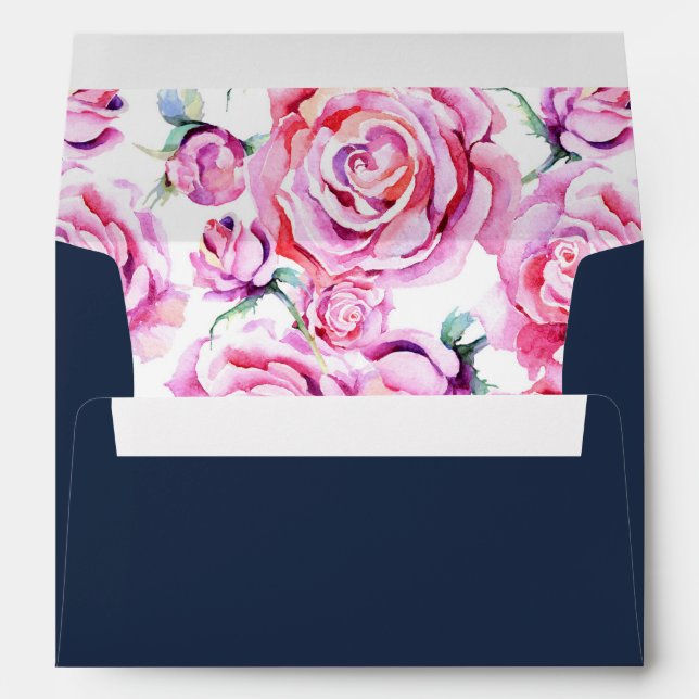 A7 Pink Navy Blue Roses Wedding Return Address Envelope (Back (Bottom))