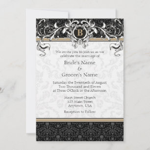 A7 Tan & Black Damask Monogram Wedding Invites