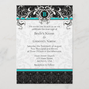 A7 Turquoise Black Damask Monogram Wedding Invite