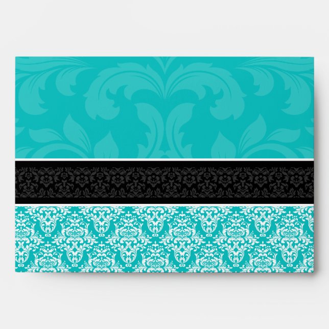 A7 Turquoise Black & White Damask Lined Envelopes (Front)