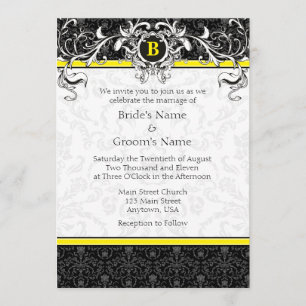 A7 Yellow & Black Damask Monogram Wedding Invites
