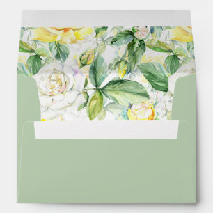 A7 Yellow White Roses Sage Wedding Return Address Envelope